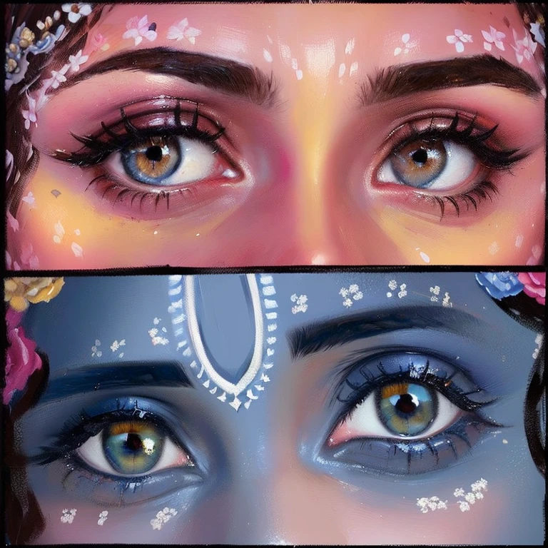 a close up of a painting of a woman's face with different eyes, detailed face and eyes, super detailed faces and eyes, detailed and beautiful faces, detailed eyes, finely detailed eyes, ultra detailed face and eyes, highly detailed eyes, beautiful detailed faces, detailed body and eyes, super detailed face and eyes, lovely detailed faces, fantastic detailed eyes, detailed eyes!!