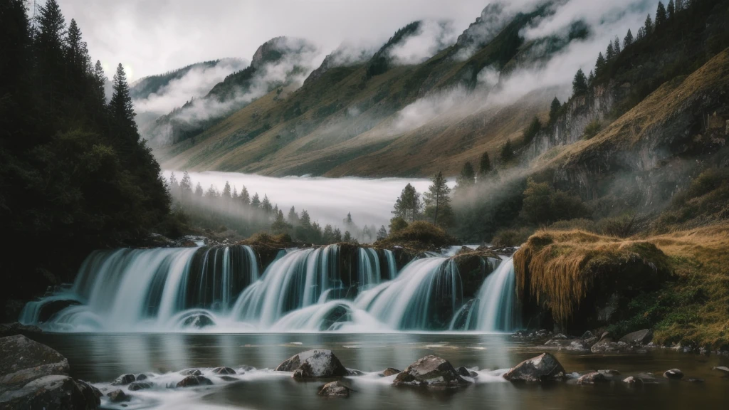 RAW photo of a flowing waterfall landscape, surrounded by mountain morning fog, small details, photorealistic, ultra-realistic photo, 8k uhd, dslr, soft lighting, high quality, film grain, Fujifilm XT3, (masterpiece)  