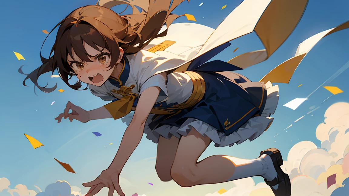 ((Highest quality)), ((masterpiece)), ((Very detailed)),floatingする女の子,Angry expression,floating,floating,Confetti,Brown Hair,tears,Rapid Rise,最高masterpiece,Blue sky and clouds background,Raise your feet into the air