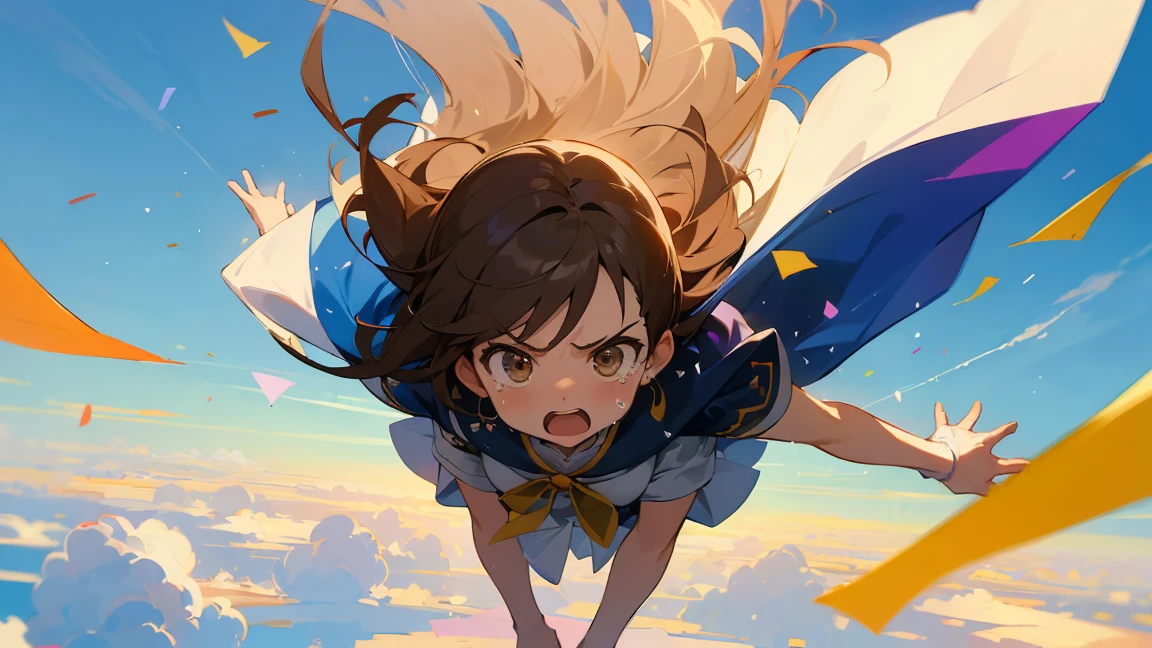 ((Highest quality)), ((masterpiece)), ((Very detailed)),floatingする女の子,Angry expression,floating,floating,Confetti,Brown Hair,tears,Rapid Rise,最高masterpiece,Blue sky and clouds background,Raise your feet into the air