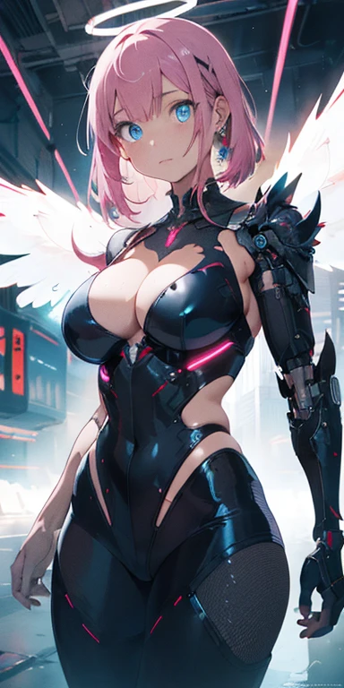 The most beautiful and sexy futuristic cyberpunk girl, Pink Hair, blue eyes, Wearing highly detailed futuristic combat armor, cybernetic angel wings, Glowing neon halo, Huge Huge , I can see her cleavage, Lots of tattoos and piercings, Futuristic doodle style background, Highly detailed background, A perfect masterpiece, high quality, High resolution