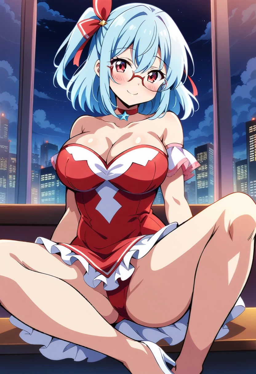 (anime art style), masterpiece, best quality, very aesthetic, absurdres, 1girl, solo, red eyes, light blue hair, medium hair, one side up, bangs, hair between eyes, hair ribbons, red dress, magical girl dress, short sleeves, strapless, choker, white gloves, glasses, white high heels, star symbol on dress, thighs, big breasts, blush, smile, sexy, collarbone, cleavage, ((feet out frame)), ((from front)), window, city, sky, clouds, night, (sitting), (spread legs) (looking at viewer:1.0)