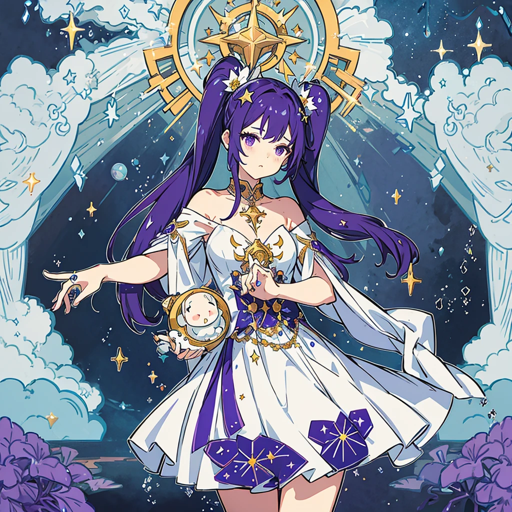Goddess of space , long violet hair with pigtails , long traditional dress with space color , stars and planets around her , stars ring around her head , accessories , dreamy pose