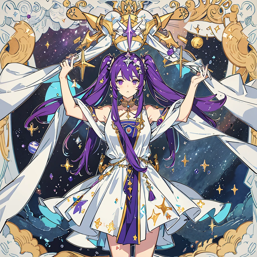 Goddess of space , long violet hair with pigtails , long traditional dress with space color , stars and planets around her , stars ring around her head , accessories , dreamy pose 