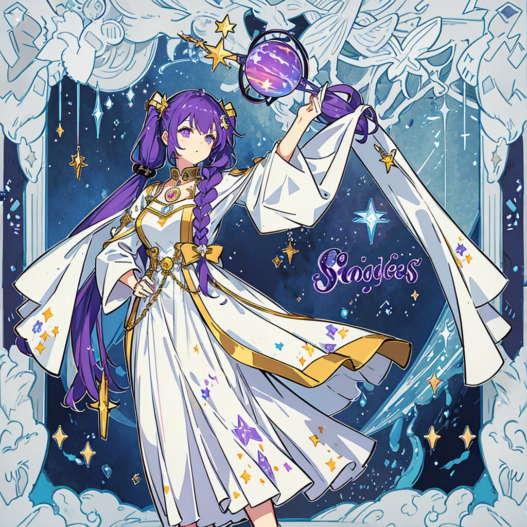 Goddess of space , long violet hair with pigtails , long traditional dress with space color , stars and planets around her , stars ring around her head , accessories , dreamy pose 