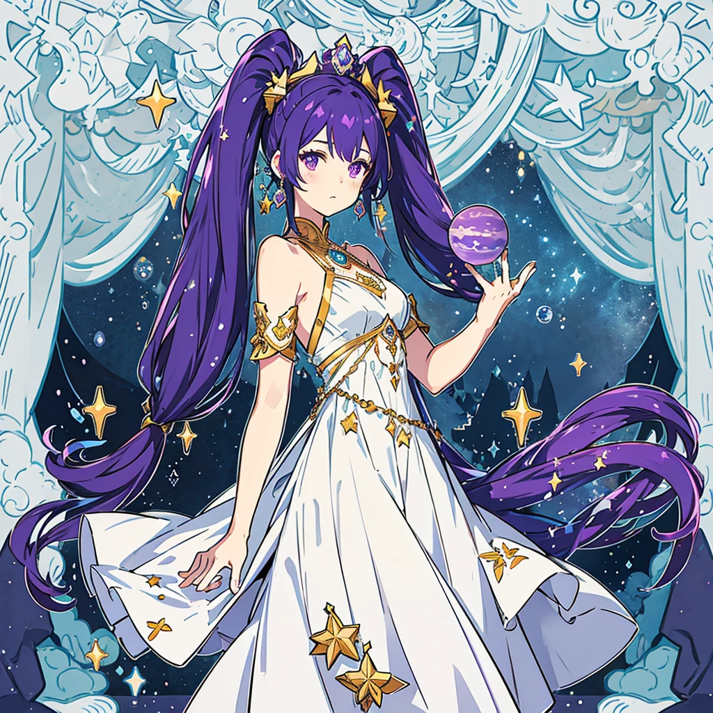Goddess of space , long violet hair with pigtails , long traditional dress with space color , stars and planets around her , stars ring around her head , accessories , dreamy pose