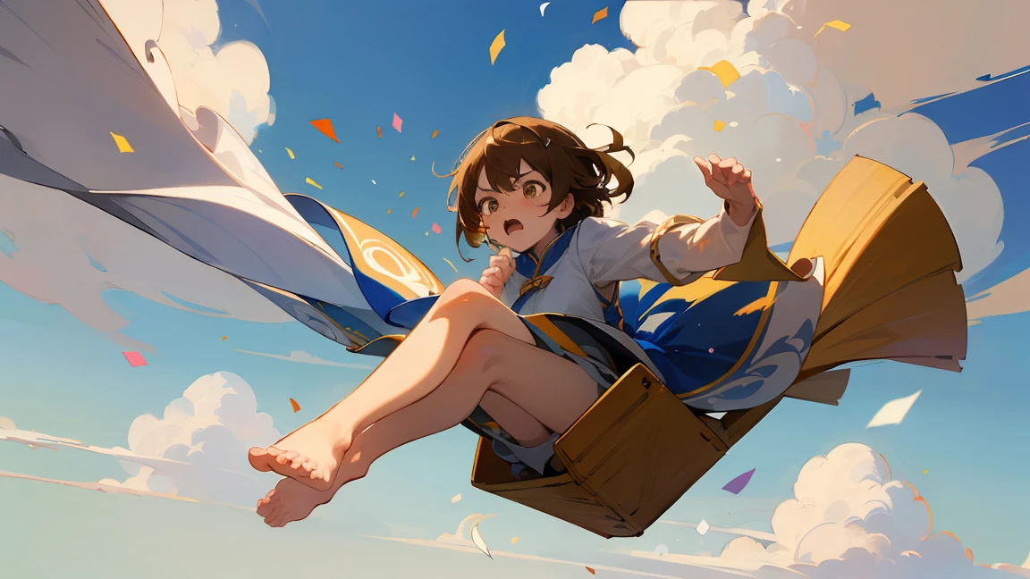 ((Highest quality)), ((masterpiece)), ((Very detailed)),floatingする女の子,Angry expression，floating，floating，Confetti，Brown Hair,tears,Rapid Rise,最高masterpiece,Blue sky and clouds background,Raise your feet into the air