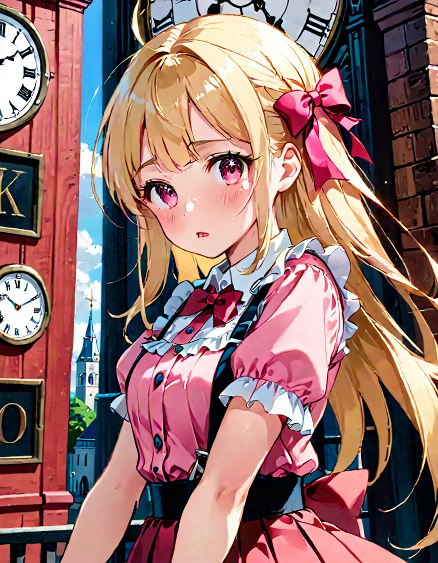 (8K, best quality, master piece: 1.2), super high resolution,1 girl,solo,16yo,ultra-detailed face,detailed eyes,blonde,two side up,red eyes,blunt bangs,((pout)),tearful,blush,white fasciator,short sleeves frilled pink blouse,blachk suspender skirt,upper body,Standing in front of the clock tower,rim light,Park