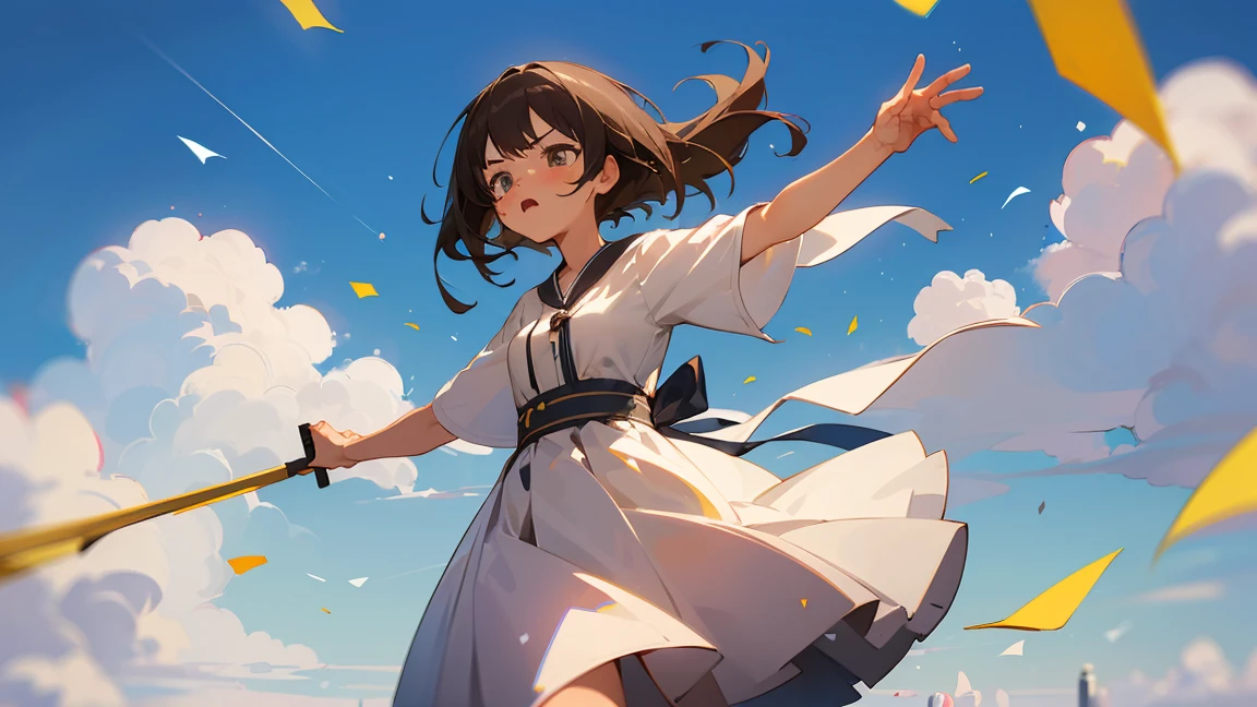 ((Highest quality)), ((masterpiece)), ((Very detailed)),floatingする女の子,Angry expression,floating,floating,Confetti,Brown Hair,tears,Rapid Rise,最高masterpiece,Blue sky and clouds background,Raise your feet into the air