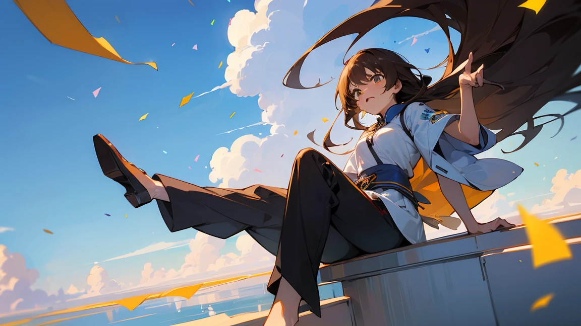 ((Highest quality)), ((masterpiece)), ((Very detailed)),floatingする女の子,Angry expression，floating，floating，Confetti，Brown Hair,tears,Rapid Rise,最高masterpiece,Blue sky and clouds background,Raise your feet into the air