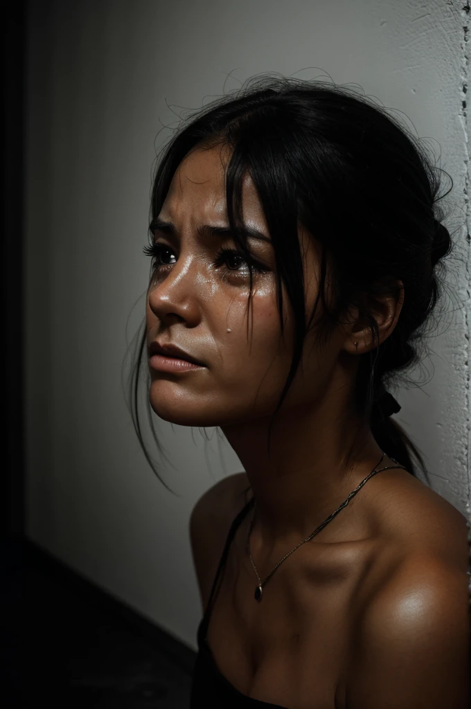 Generate a image of women crying in the corner of the dark room.