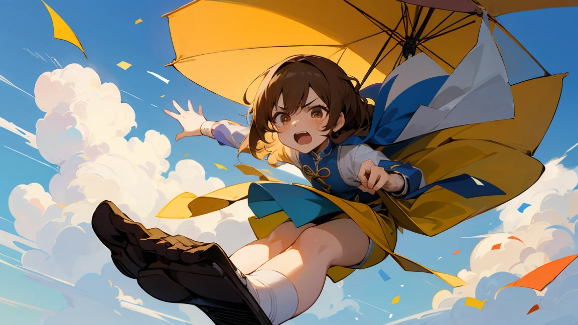 ((Highest quality)), ((masterpiece)), ((Very detailed)),floatingする女の子,Angry expression,floating,floating,Confetti,Brown Hair,tears,Rapid Rise,最高masterpiece,Blue sky and clouds background,Raise your feet into the air