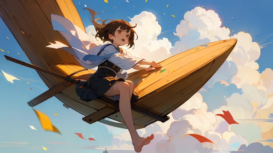 ((Highest quality)), ((masterpiece)), ((Very detailed)),floatingする女の子,Angry expression,floating,floating,Confetti,Brown Hair,tears,Rapid Rise,最高masterpiece,Blue sky and clouds background,Raise your feet into the air