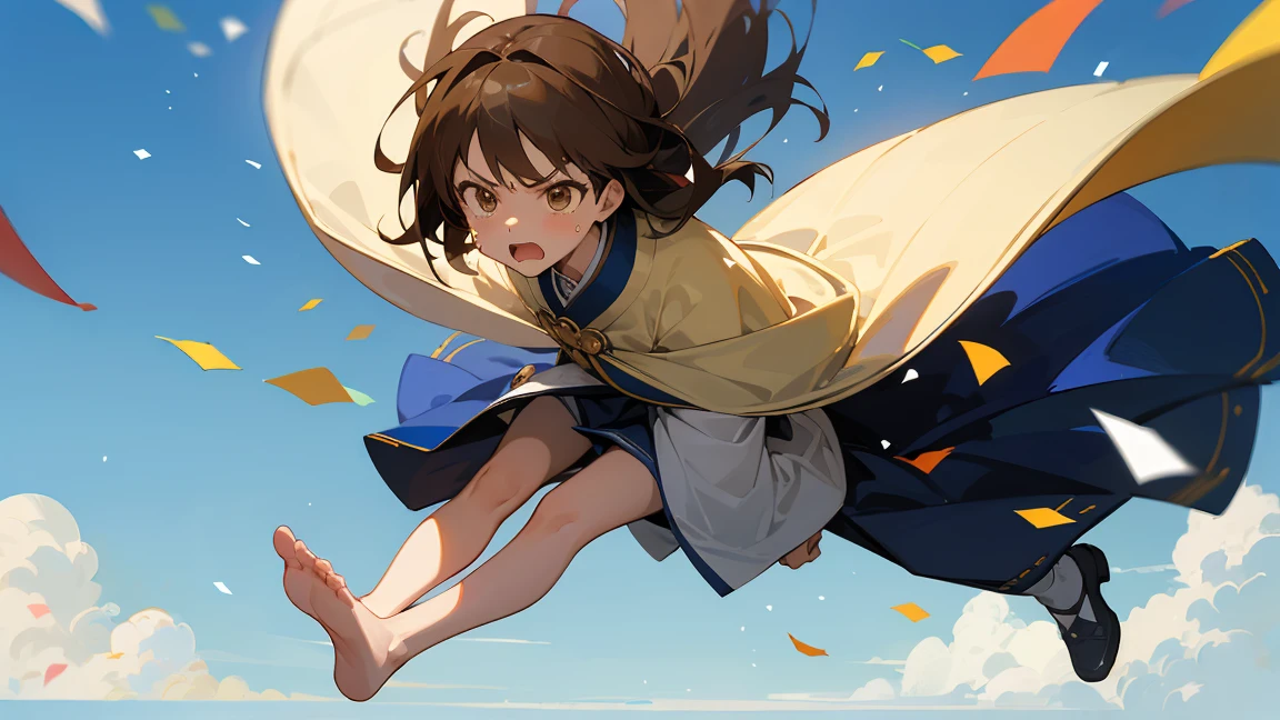 ((Highest quality)), ((masterpiece)), ((Very detailed)),floatingする女の子,Angry expression,floating,floating,Confetti,Brown Hair,tears,Rapid Rise,最高masterpiece,Blue sky and clouds background,Raise your feet into the air