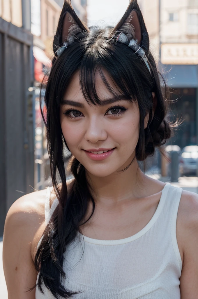 black hair, hair bobbles, wince, longeyelashes, solid circle eyes, fake animal ears, light smile, ear blush, fang, Surrealism, drop shadow, anaglyph, stereogram, tachi-e, pov, atmospheric perspective, 8k, super detail, ccurate, best quality