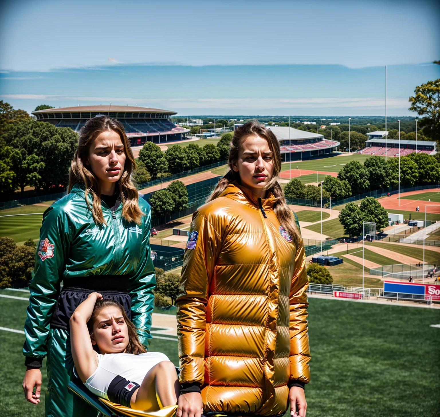 a scenery behind the sideline of a soccer vefield, spectators' stands, stadium, sports venue
