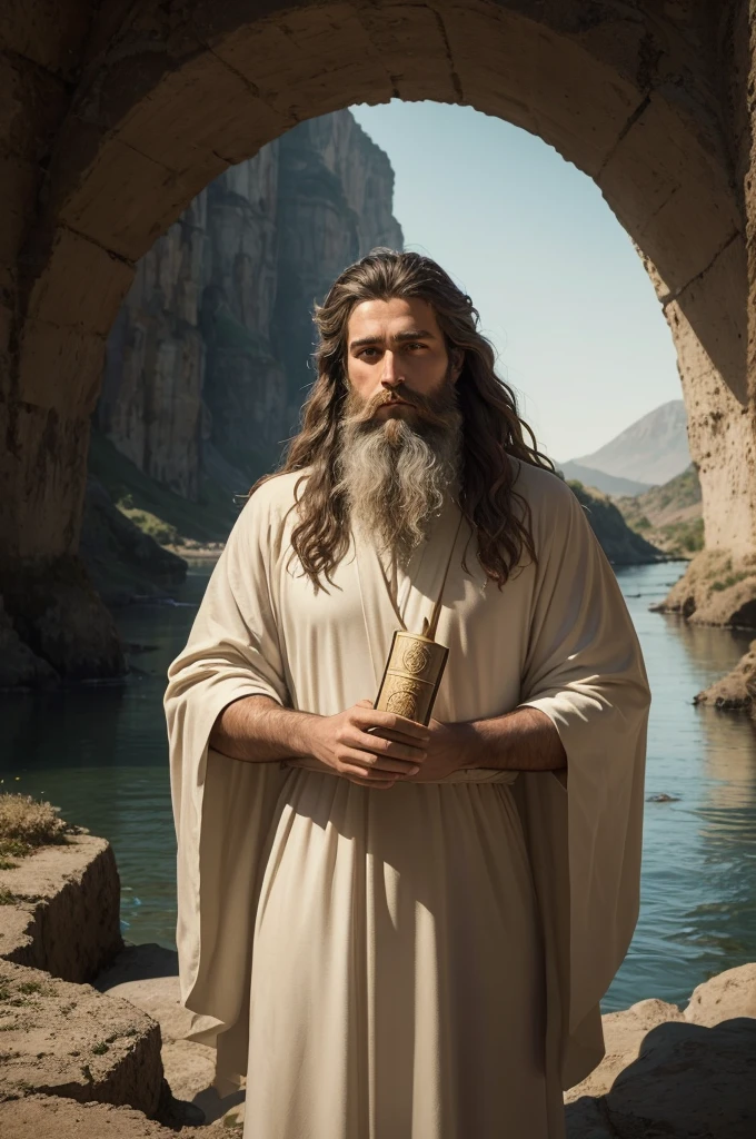 An image of Saint John the Baptist may portray him as a young, bearded man, wearing a camel skin tunic, with long, wavy hair and beard. He could be holding a staff or a holy book, in a serene and contemplative pose. Ao redor dele, symbolic elements like a lamb, a chalice, a luminous halo and a river (representing baptism) podem estar presentes. The setting could be the desert or a simple natural landscape, reflecting his life as a hermit before he started preaching.