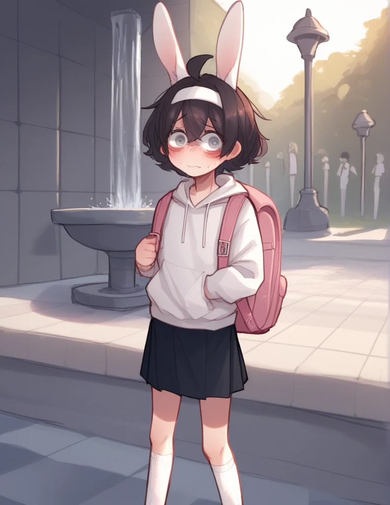 1 girl, alone, ppka, black fur, short hair, messy fur, Ahoge, parts, parts por todo el cuerpo, grey eyes, blind eyes, kind eyes, very nervous, blushing, looking at the viewer,
Walking in the square, fountain, Cafeteria, 
white sweatshirt, large sweatshirt, mini skirt, mini skirt de cuadros, mini skirt rosa, leg warmers, white socks,  pink backpack, backpack with white drawings, white rabbit ears headband
Sentada en las piernas del espectador 
