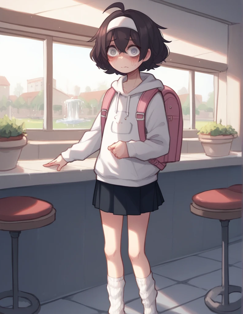 1 girl, alone, ppka, black fur, short hair, messy fur, Ahoge, parts, parts por todo el cuerpo, grey eyes, blind eyes, kind eyes, very nervous, blushing, looking at the viewer,
Walking in the square, fountain, Cafeteria,
white sweatshirt, large sweatshirt, mini skirt, mini skirt de cuadros, mini skirt rosa, leg warmers, white socks, pink backpack, backpack with white drawings, white rabbit ears headband
Sentada en las piernas del espectador