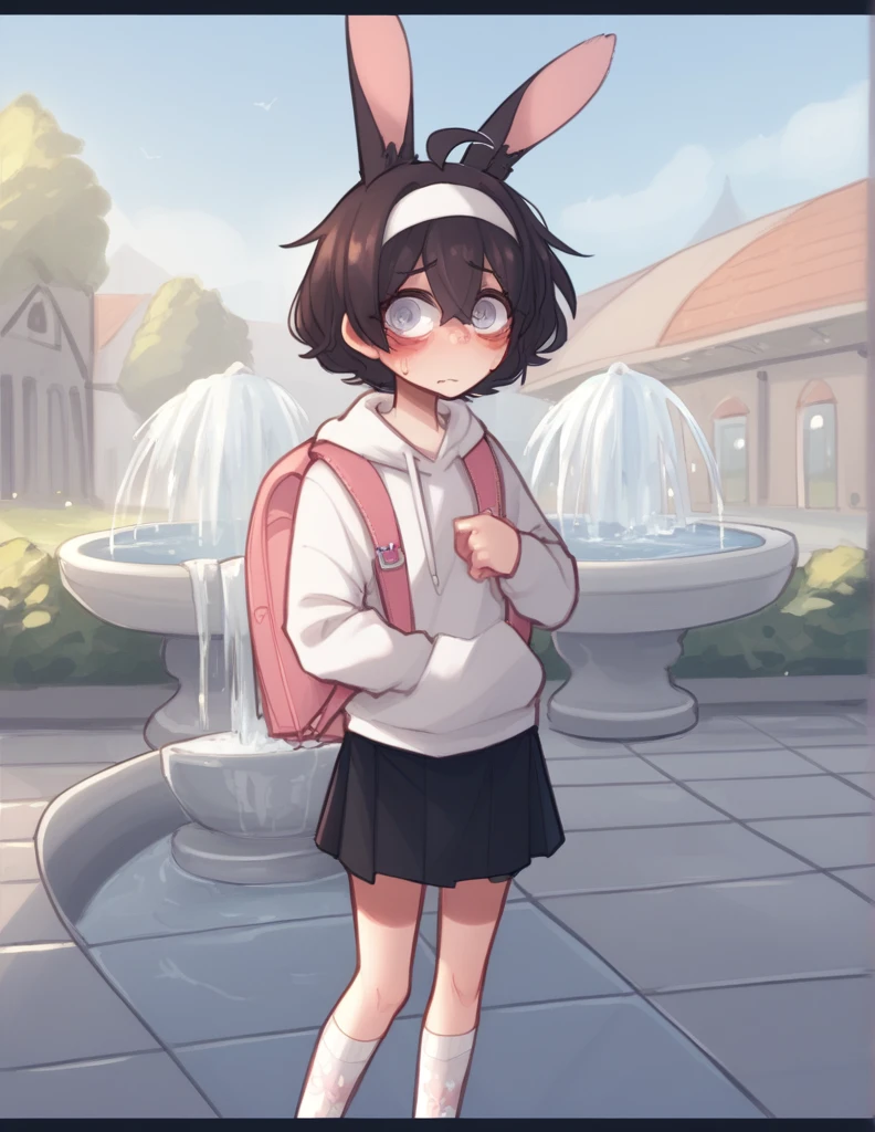 1 girl, alone, ppka, black fur, short hair, messy fur, Ahoge, parts, parts por todo el cuerpo, grey eyes, blind eyes, kind eyes, very nervous, blushing, looking at the viewer,
Walking in the square, fountain, Cafeteria,
white sweatshirt, large sweatshirt, mini skirt, mini skirt de cuadros, mini skirt rosa, leg warmers, white socks, pink backpack, backpack with white drawings, white rabbit ears headband
Sentada en las piernas del espectador
