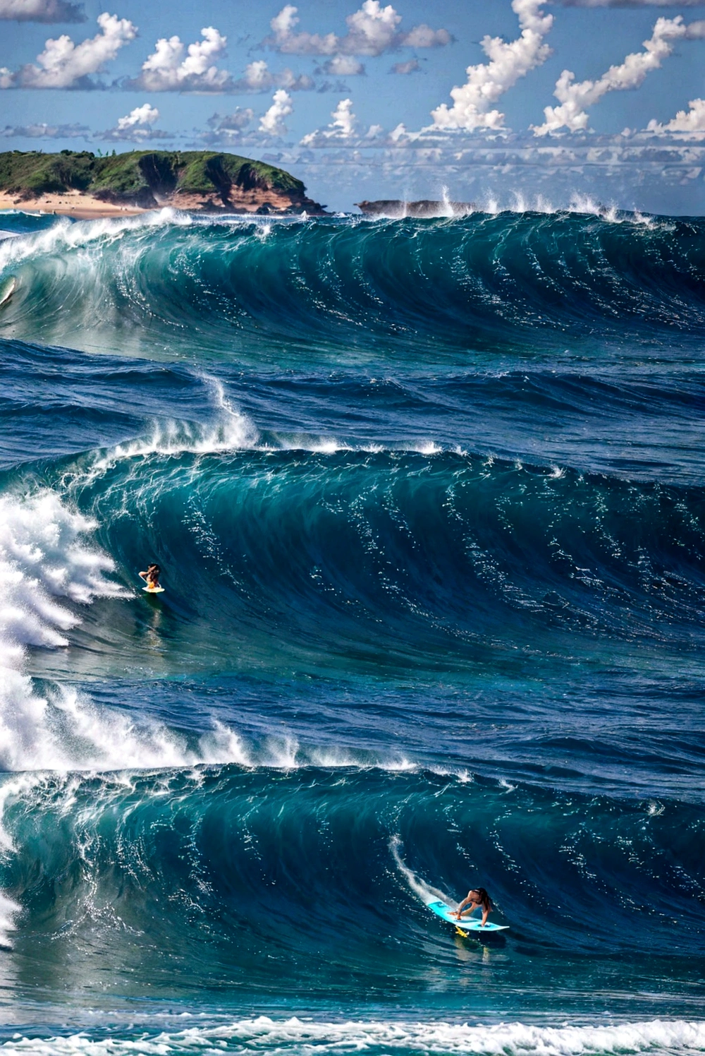 Medium shot，多人surf, 站在surf板上, surf摄影, Turquoise Ocean, dream wave aesthetic, turquoise water,旁边有Beach, ((wave, Amazing wallpapers, Stunning visuals, Ocean Tide, wave, wave, Blue water, swim in the sea, clear blue water，surf，Summer style，Beach