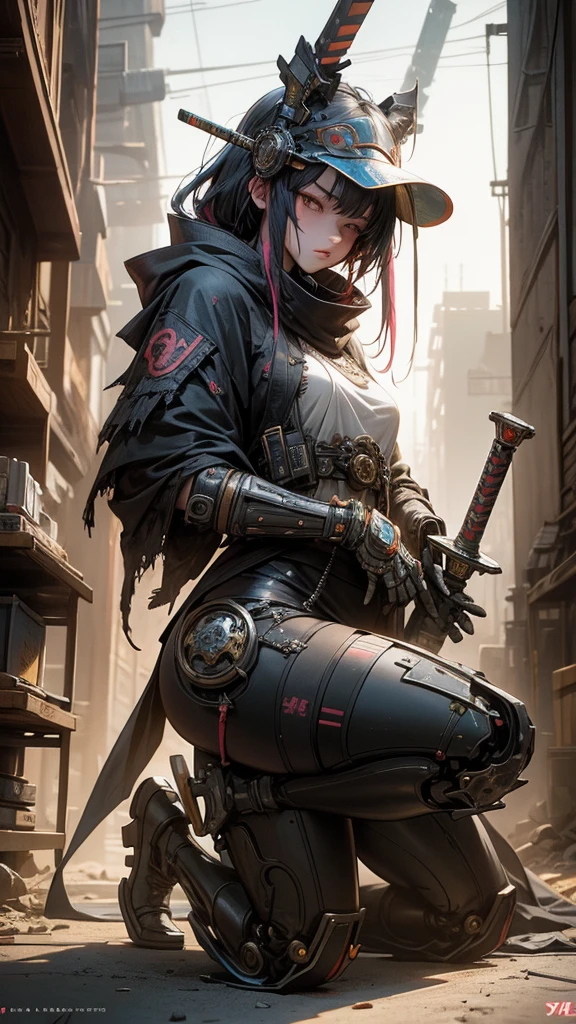 A nomadic robot, in the desert, wearing a disheveled shawl, holding a staff, wearing a large metal hat, rough, rusty, dusty body, thin frame, tall, cyberpunk, Cyborg., Session surreal version of a woman kneeling down on one leg holding a sword in her hand, very beautiful cyberpunk samurai, anime cyberpunk art, cyberpunk samurai, cyberpunk anime art, cyberpunk anime, cgsociety 9, technical cyberpunk anime art number, style of maciej kuciara.1girl, samurai armor, devil mask helmet, intricate, detailed ornaments, cool colors, metallic, Egyptian details, extremely intricate details, luster realistic lighting, trends in cgs society, glowing eyes, facing camera, neon details, surreal details, full body portrait, Japanese atmosphere, global illumination, shadows, rendering octane, 8k, super sharp. cool lolita.