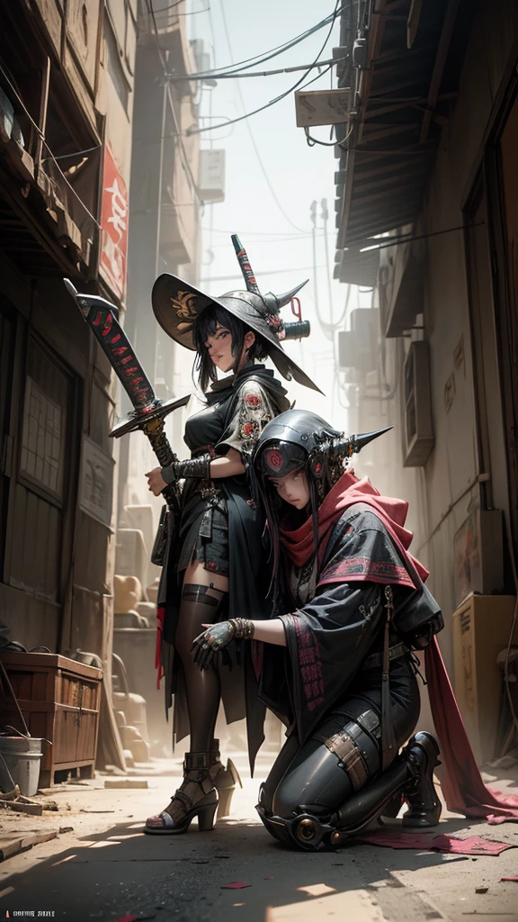 A nomadic robot, in the desert, wearing a disheveled shawl, holding a staff, wearing a large metal hat, rough, rusty, dusty body, thin frame, tall, cyberpunk, Cyborg., Session surreal version of a woman kneeling down on one leg holding a sword in her hand, very beautiful cyberpunk samurai, anime cyberpunk art, cyberpunk samurai, cyberpunk anime art, cyberpunk anime, cgsociety 9, technical cyberpunk anime art number, style of maciej kuciara.1girl, samurai armor, devil mask helmet, intricate, detailed ornaments, cool colors, metallic, Egyptian details, extremely intricate details, luster realistic lighting, trends in cgs society, glowing eyes, facing camera, neon details, surreal details, full body portrait, Japanese atmosphere, global illumination, shadows, rendering octane, 8k, super sharp. cool lolita.