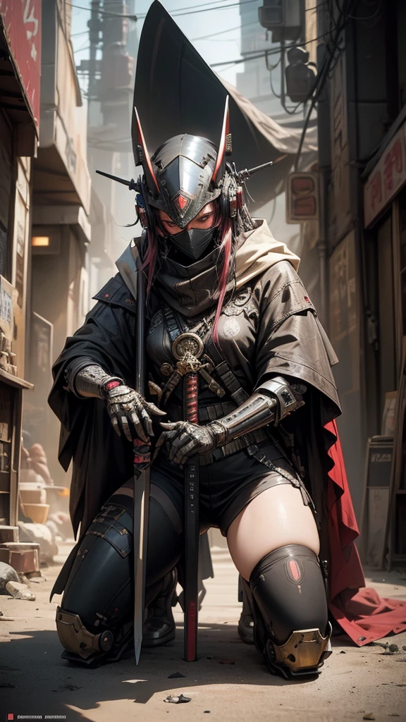 A nomadic robot, in the desert, wearing a disheveled shawl, holding a staff, wearing a large metal hat, rough, rusty, dusty body, thin frame, tall, cyberpunk, Cyborg., Session surreal version of a woman kneeling down on one leg holding a sword in her hand, very beautiful cyberpunk samurai, anime cyberpunk art, cyberpunk samurai, cyberpunk anime art, cyberpunk anime, cgsociety 9, technical cyberpunk anime art number, style of maciej kuciara.1girl, samurai armor, devil mask helmet, intricate, detailed ornaments, cool colors, metallic, Egyptian details, extremely intricate details, luster realistic lighting, trends in cgs society, glowing eyes, facing camera, neon details, surreal details, full body portrait, Japanese atmosphere, global illumination, shadows, rendering octane, 8k, super sharp. cool lolita.