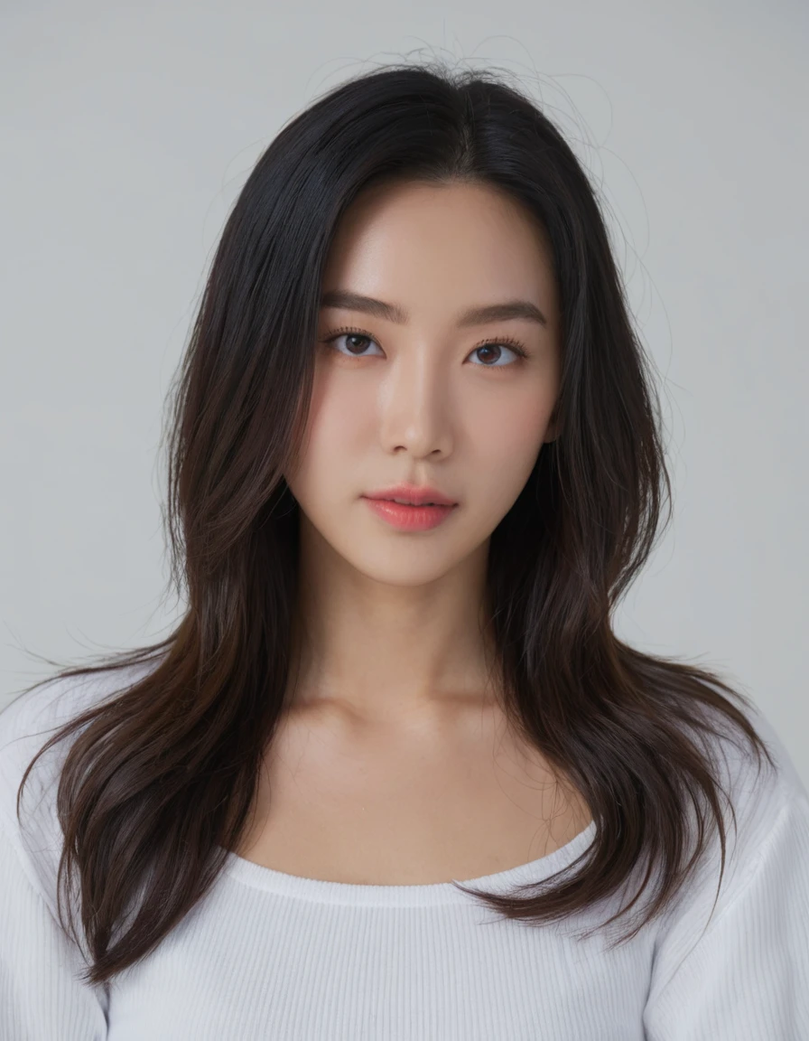 Best Quality, 8k, Masterpiece, (Portrait: 1.3), (photo realistic:1.4), (hyper realistic:1.4), Sharp Focus, looking at viewer, (smoother lighting:1.1), (increase cinematic lighting quality:0.9), realistic lighting, backlighting, light on face, ray trace, (brightening light:1.2), (Increase quality:1.4), sharp detail, (best quality real texture skin:1.4), finely detailed eyes, black_eyes, finely detailed face, 25 year old Korean woman, (white formal_shirt:1.4), (Create an image maintaining the original base model hairstyle:1.5)