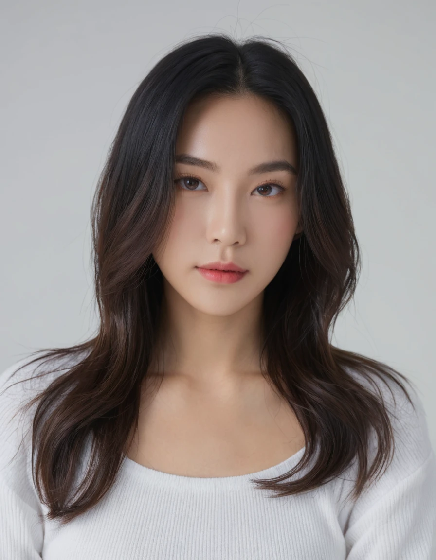 Best Quality, 8k, Masterpiece, (Portrait: 1.3), (photo realistic:1.4), (hyper realistic:1.4), Sharp Focus, looking at viewer, (smoother lighting:1.1), (increase cinematic lighting quality:0.9), realistic lighting, backlighting, light on face, ray trace, (brightening light:1.2), (Increase quality:1.4), sharp detail, (best quality real texture skin:1.4), finely detailed eyes, black_eyes, finely detailed face, 25 year old Korean woman, (white formal_shirt:1.4), (Create an image maintaining the original base model hairstyle:1.5)