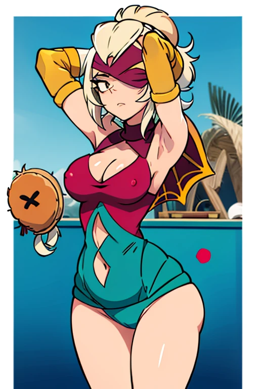 tennis girl in tight mini virgin killer sweater, hairy , wearing oven mittens behind head, blindfold
