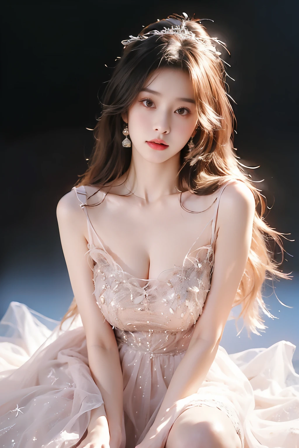 dress, masterpiece, Best quality, Ultra-high resolution, High detail photos, Unity 8k wallpaper, Extremely detailed CG:1.2), Depth of Field, Bokeh, (original photo:1.Realistic photography:1.4), (1 Girl:1.5), Sitting, ((full body)), ((I-type Valley)), ((Visible cleavage)), young, Physically based representation, beautiful, (Exquisite facial details:1.4, Detailed clothing), (detailed:1.4) christen (Hidemi Fukada:1.1) Depth of Field, Add layers, Surreal, Perfect body model, Perfect breasts, Height 175 cm, Strike sexy poses, whole body, whole body, Sexy long legs, Model body type, (Alice Gainsborough, (Long hair:1.2)