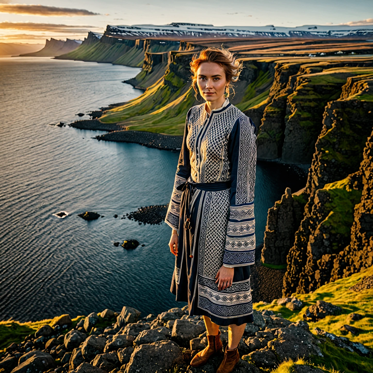best quality, masterpiece, realistic, gorgeous icelandic woman that wears a typical icelandic clothing and hairstyle, icelandic woman with all her features and characteristics, standing upright on the edge of a cliff, with a stunning view of a icelandic fjord below, she’s wearing typical icelandic clothing, in the sunset light, smiling, innocent, intricate details, highly detailed, sharp focus, professional, 4k, god rays, delicate, innocent, highres, detailed facial features, high detail, sharp focus, smooth, aesthetic, extremely detailed, photorealistic, realistic, post-processing, max detail, roughness, real life, ultra realistic, photorealism, photography, 8k uhd, photography, instagram, viral instragram photo, solo, 1 woman, full upper body
