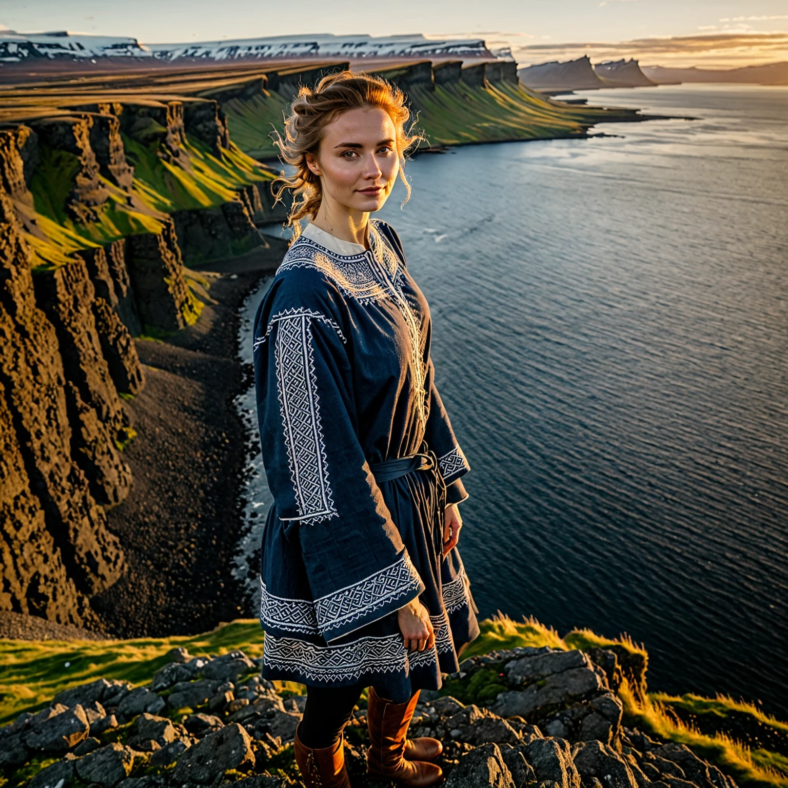 best quality, masterpiece, realistic, gorgeous icelandic woman that wears a typical icelandic clothing and hairstyle, icelandic woman with all her features and characteristics, standing upright on the edge of a cliff, with a stunning view of a icelandic fjord below, she’s wearing typical icelandic clothing, in the sunset light, smiling, innocent, intricate details, highly detailed, sharp focus, professional, 4k, god rays, delicate, innocent, highres, detailed facial features, high detail, sharp focus, smooth, aesthetic, extremely detailed, photorealistic, realistic, post-processing, max detail, roughness, real life, ultra realistic, photorealism, photography, 8k uhd, photography, instagram, viral instragram photo, solo, 1 woman, full upper body