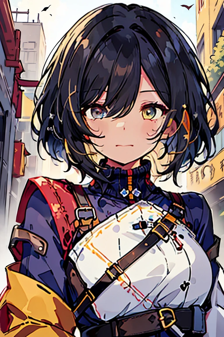 (masterpiece:1.2), (high quality:1.2), (hui xiyi:0.7)rekkyo sensen, rekkyou sensen, girls with(((black hair, bangs, black hair, heterochromia, white eyes, yellow eyes, smiling, opened mouth, bangs:1.55))