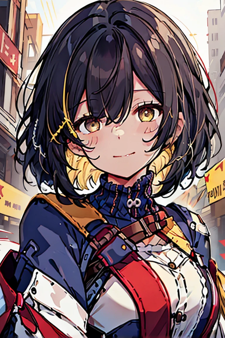 (masterpiece:1.2), (high quality:1.2), (hui xiyi:0.7)rekkyo sensen, rekkyou sensen, girls with(((black hair, bangs, black hair, heterochromia, white eyes, yellow eyes, smiling, opened mouth, bangs:1.55))