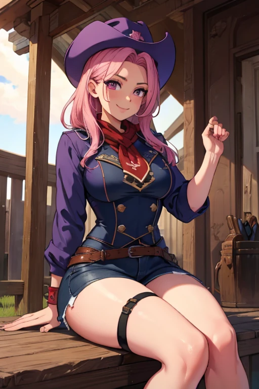 A pink haired female cowgirl with violet eyes with an hourglass figure in a conservative cowgirl outfit is sitting on a fence with a big smile
