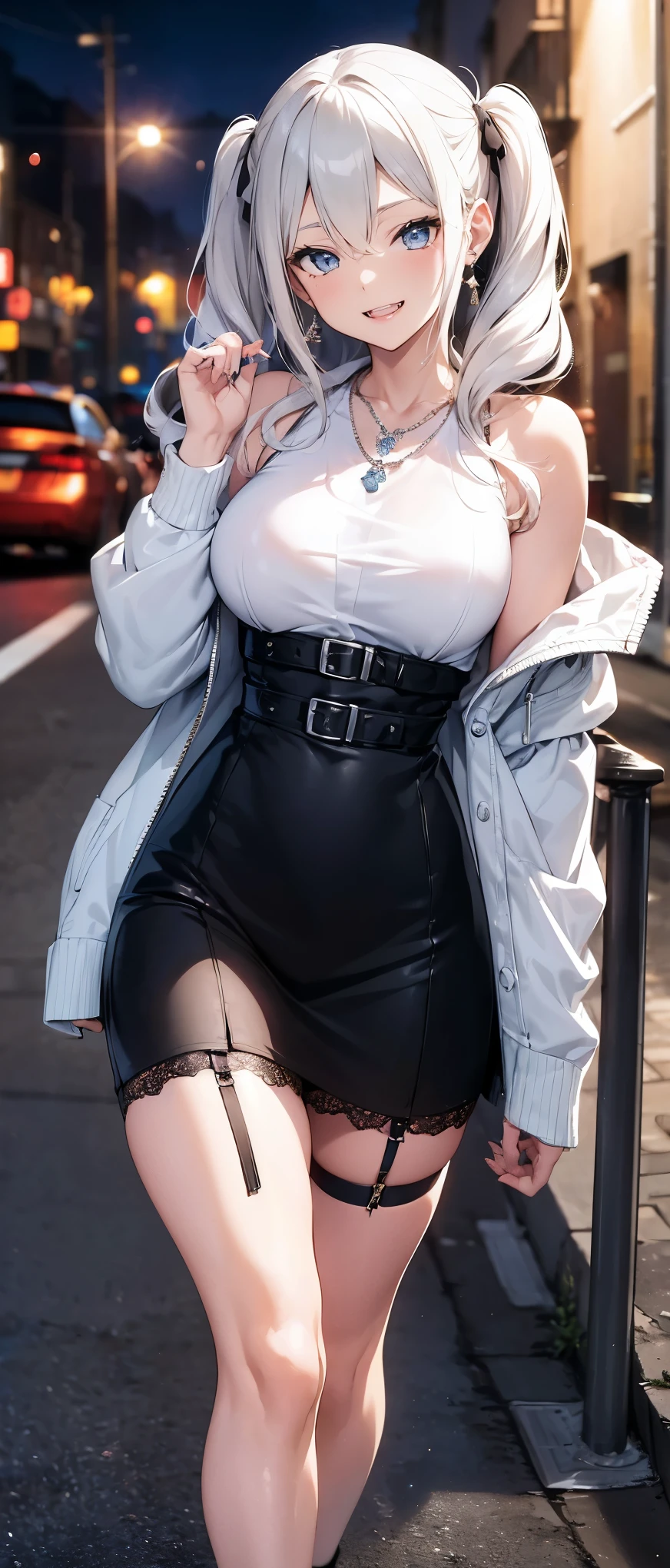 High resolution, high resolution,2D Anime Style,,Cool woman,Mature look,tall,20th Generation,White hair long hair,Curly hair twin tails,Light blue eyes,Gal,Beautiful watch,Beautiful earrings,Beautiful necklace,Wearing a jacket,garter belt,Punk Fashion,He is smiling,Has fangs,whole body,Walking around the city,