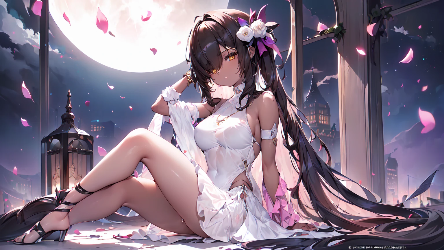 ((((Obra maestra, La mejor calidad, ultrahigh resolution)))), 1girl, standing,), ((long pure brown hair, hair over eye)), long hair cut, shiny skin, ((golden eyes)), glowing_eyes, neon eyes, (ultra detailed eyes:0.7, beautiful and detailed face, detailed eyes:0.9), ((centered)), smirk, facing viewer, ((vibrant background, dark lighting, summer, sunlight)), large chested, looking at viewer, ((half closed eyes)), ((perfect hands)), (((head:1, arms, hips in view, elbows, legs, in view))), ((hands behind back)), empty eyes, beautiful lighting, ((outside, outdoors)), defined subject, head tilt, (((gritty)), ((creepy)), ((cool)), ((beautiful)), (((SFW))), hair ornament, petals in the air, moon in the sky, city, mature woman, adult woman, sfw, pink and white dress, night dress, she is a princess, gal, dark skin, fullbody