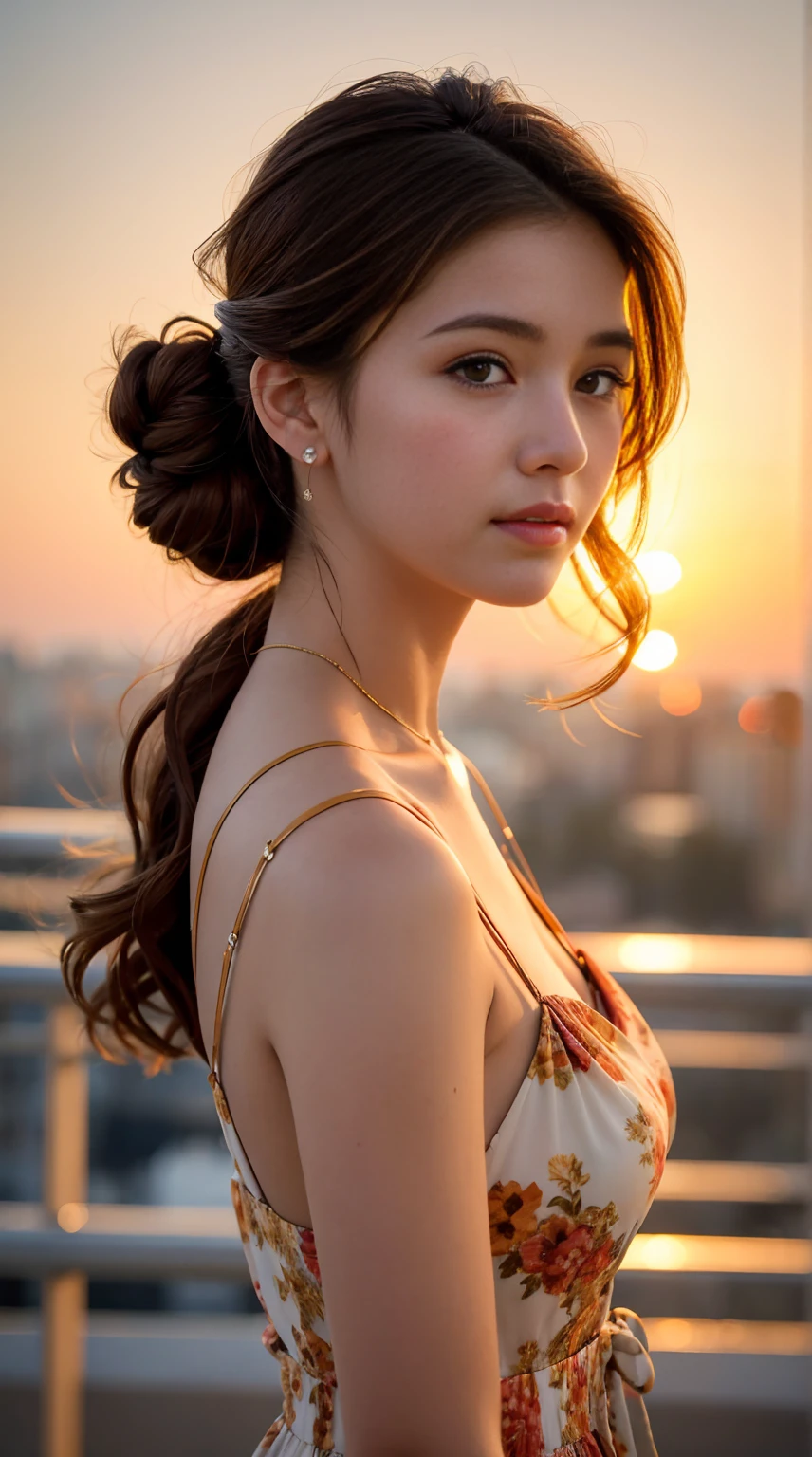 A young woman with soft, wavy brown hair styled in a loose updo, standing against the backdrop of a beautiful sunset. She has a serene expression on her face, looking slightly to the side. The warm golden light of the sunset illuminates her face and shoulders, creating a gentle glow. She is wearing a delicate, floral-patterned dress with thin straps that accentuate her shoulders and collarbone. The background features a blurred cityscape, enhancing the focus on the woman and the stunning sunset behind her.