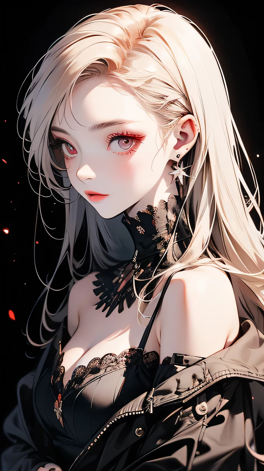 ((masterpiece,Highest quality)),One girl,Beautiful attention to detail, Detailed face, (whole body:1.2), Long white hair, Red eyes,Mid-chest, (Black background:1.2), Blood particles, Shaded face 