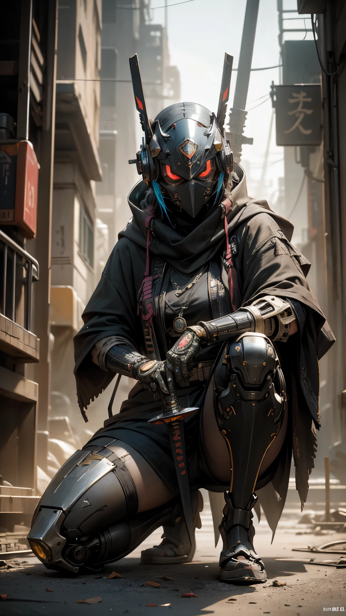 A nomadic robot, in the desert, wearing a disheveled shawl, holding a staff, wearing a large metal hat, rough, rusty, dusty body, thin frame, tall, cyberpunk, Cyborg., Session surreal version of a woman kneeling down on one leg holding a sword in her hand, very beautiful cyberpunk samurai, anime cyberpunk art, cyberpunk samurai, cyberpunk anime art, cyberpunk anime, cgsociety 9, technical cyberpunk anime art number, style of maciej kuciara.1girl, samurai armor, devil mask helmet, intricate, detailed ornaments, cool colors, metallic, Egyptian details, extremely intricate details, luster realistic lighting, trends in cgs society, glowing eyes, facing camera, neon details, surreal details, full body portrait, Japanese atmosphere, global illumination, shadows, rendering octane, 8k, super sharp. cool lolita.