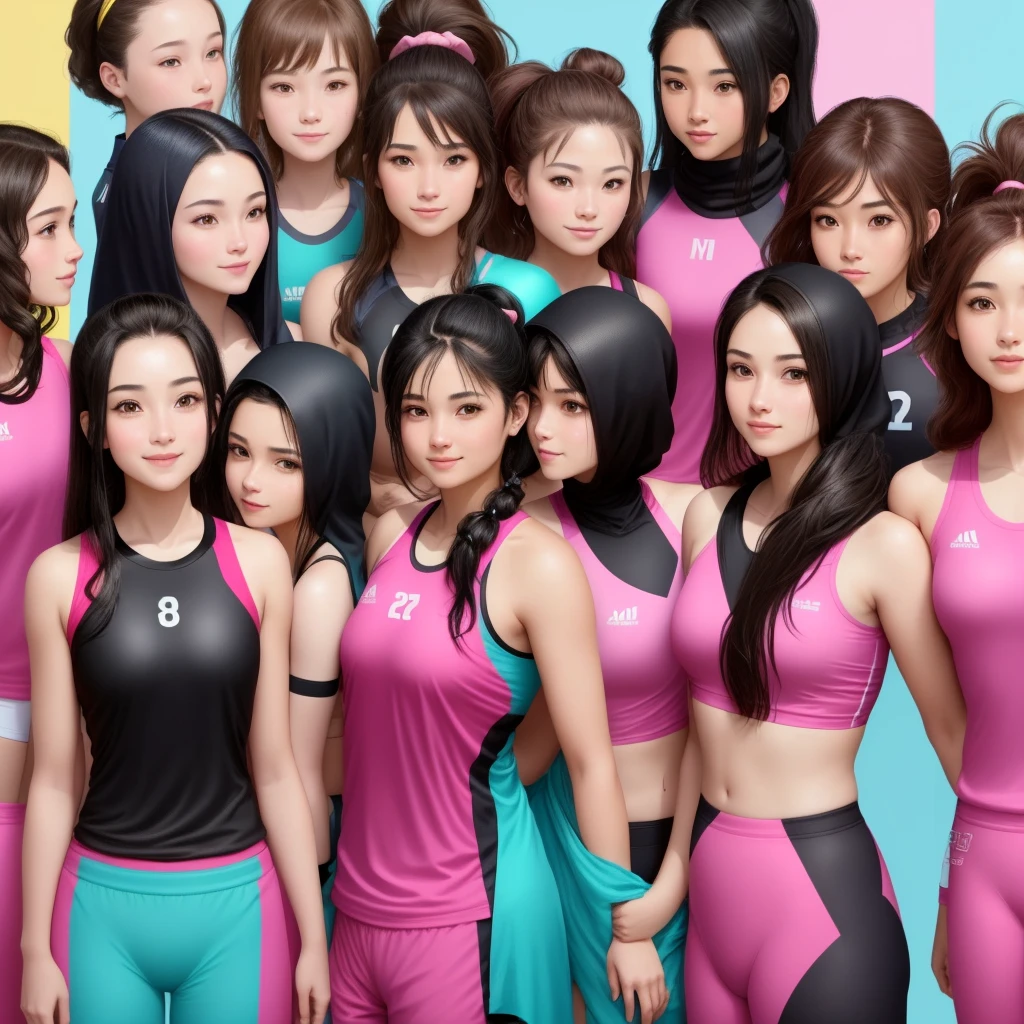 12 women's faces in the post. Each of them has black hair in a ponytail, brown hair in a ponytail, straight black hair in a ponytail, and the rest are wearing a black hijab. All of them are wearing a plain pink volleyball jersey, long black sleeves. Standing in a row from top to bottom bottom, smiling looking half the body. Background of splashes of pink, turquoise and yellow. Details. Focus