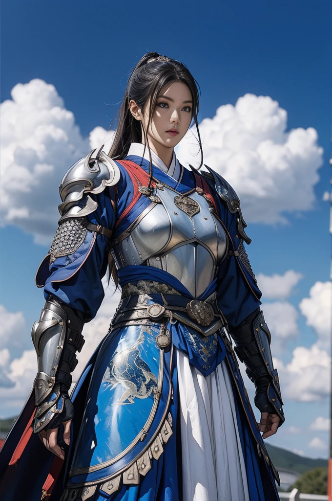 super beauty、blue armor 솔로 성인 여자、Super sexy mature big female monster。strong chin(realistic)、Standing looking straight ahead、blue armor、A magnificent work of art、((Kyoto panel painting style))、wind effect:1.9、Cloud effect:1.2、full rendering、ominous picture、Unreal Engine、Advanced armor patterns and decorations,surrealism,Armor Details, high resolution,tempting,Entice your audience,seductive pose,