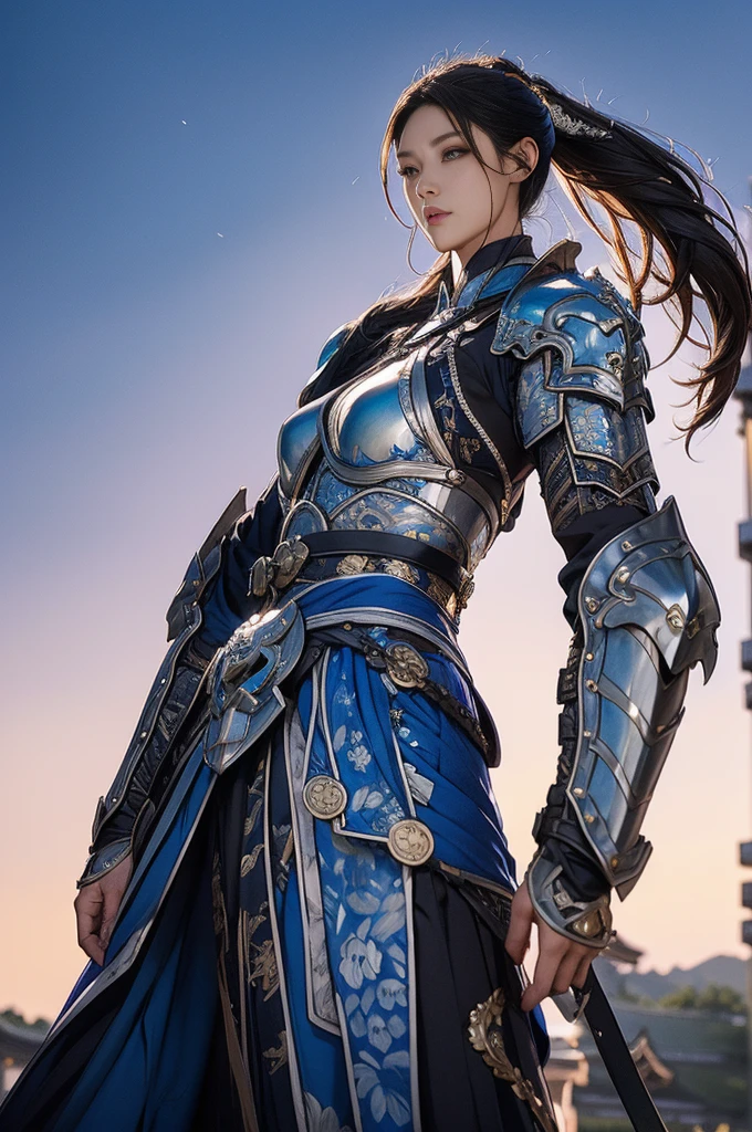 super beauty、blue armor 솔로 성인 여자、Super  mature big female monster。strong chin(realistic)、Standing looking straight ahead、blue armor、A magnificent work of art、((Kyoto panel painting style))、wind effect:1.9、Cloud effect:1.2、full rendering、ominous picture、Unreal Engine、Advanced armor patterns and decorations,surrealism,Armor Details, high resolution,tempting,Entice your audience,seductive pose,