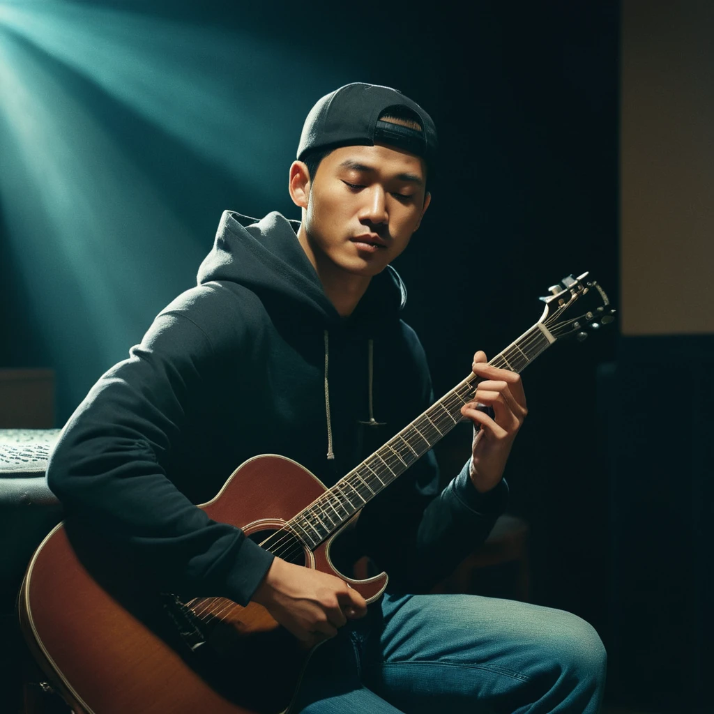 UHD, 4k, ultra detailed, cinematic, a photograph of  noise:1
Film grain still image of a asian man sitting on a stool playing a guitar,solo,short hair,backwards cap,shirt,black hair,1boy,sitting,hoodie,closed eyes,male focus,pants,mouth hold,instrument,cigarette,realistic,music,smoking,guitar,playing instrument , cinematic look, film look, filmic, contrast, detailed, high quality, sharp image, film color, Kodak Motion Picture Film style, different color, different people, different look, different style, 35MM Film, 16MM Film, Photographic film, music video style, artistic style, cinematic style, film granularity, film noise, image noise, artistic effect, Fujicolor, Fuji film, Analog photography, movie style, movie still, Film grain overlay, Film Grain style, epic, beautiful lighting, inpsiring