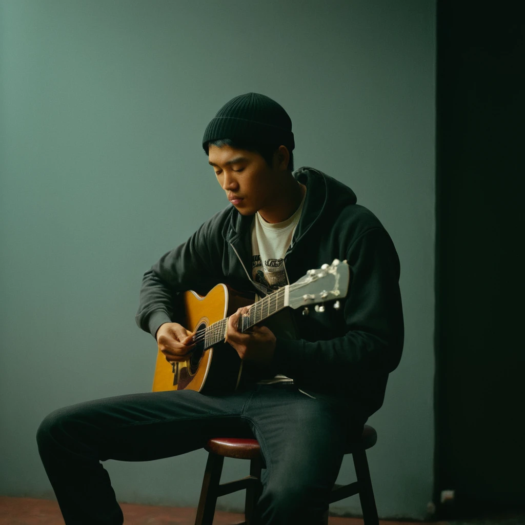 UHD, 4k, ultra detailed, cinematic, a photograph of  noise:1
Film grain still image of a asian man sitting on a stool playing a guitar,solo,short hair,backwards cap,shirt,black hair,1boy,sitting,hoodie,closed eyes,male focus,pants,mouth hold,instrument,cigarette,realistic,music,smoking,guitar,playing instrument , cinematic look, film look, filmic, contrast, detailed, high quality, sharp image, film color, Kodak Motion Picture Film style, different color, different people, different look, different style, 35MM Film, 16MM Film, Photographic film, music video style, artistic style, cinematic style, film granularity, film noise, image noise, artistic effect, Fujicolor, Fuji film, Analog photography, movie style, movie still, Film grain overlay, Film Grain style, epic, beautiful lighting, inpsiring