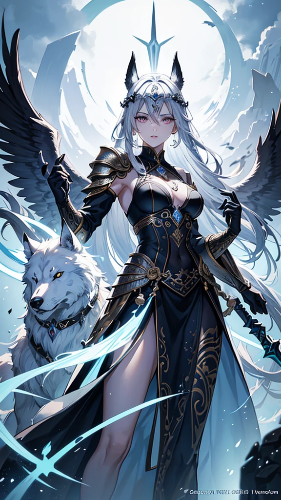 Create an illustration of Odin from Norse mythology reimagined as a beautiful girl. This female Odin should embody elegance and power. She has strikingly beautiful, sharp, regal features with high cheekbones, a delicate nose, and full lips. She has one piercing icy blue or silver eye radiating wisdom and authority, and her other eye is covered with a patch or hidden by her hair, symbolizing the eye Odin sacrificed for wisdom. Her long, flowing hair is either silver or golden, cascading down her back with a slightly wild, untamed look. She wears a combination of Norse warrior and royal attire, including a long, flowing cloak, fur accents, and intricate armor with runic engravings. The colors of her outfit are rich and regal, such as deep blues, blacks, and metallic gold or silver. She wears a crown or circlet reflecting her status as the All-Father, with intricate designs possibly incorporating raven or wolf motifs. She holds an elegantly designed spear, Gungnir, with confidence. The background is a grand, mystical setting reflecting Asgard, including elements like the Yggdrasil tree glowing with ethereal light. The sky is a twilight mix of purples and blues, with the Bifrost bridge visible in the distance. Her two ravens, Huginn and Muninn, are perched on her shoulders or flying nearby, adding a sense of movement and life to the illustration. Her wolves, Geri and Freki, stand by her side, looking majestic and protective. The overall atmosphere is mystical and awe-inspiring, with a sense of ancient wisdom and power. The lighting is dramatic, with highlights and shadows accentuating her features and attire.