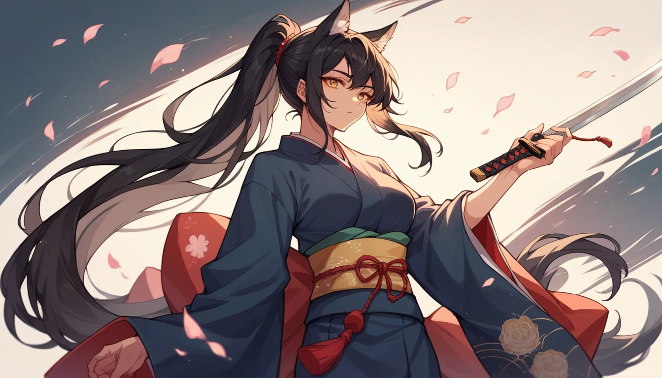 Beautiful girl in kimono、Wolf Ears、Holding a sword。Black Hair、ponytail
