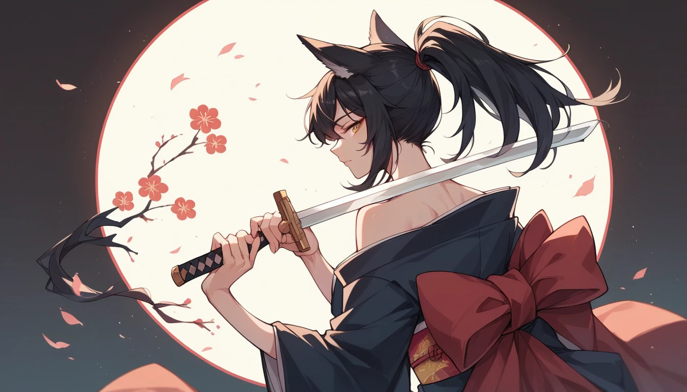 Beautiful girl in kimono、Wolf Ears、Holding a sword。Black Hair、ponytail